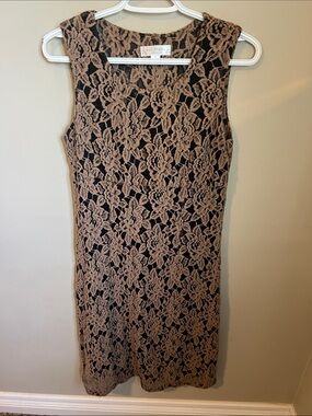 Black Sleeveless Sheath Dress with Taupe Floral Lace Overlay Scoop Neck Size S